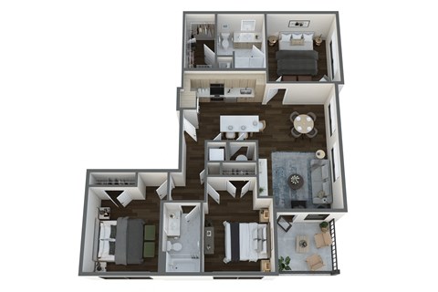 Floor plan for 3 beds, 2 baths, 1304 sqft
